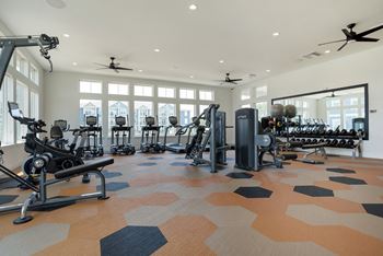 A gym with a variety of equipment and a patterned floor.